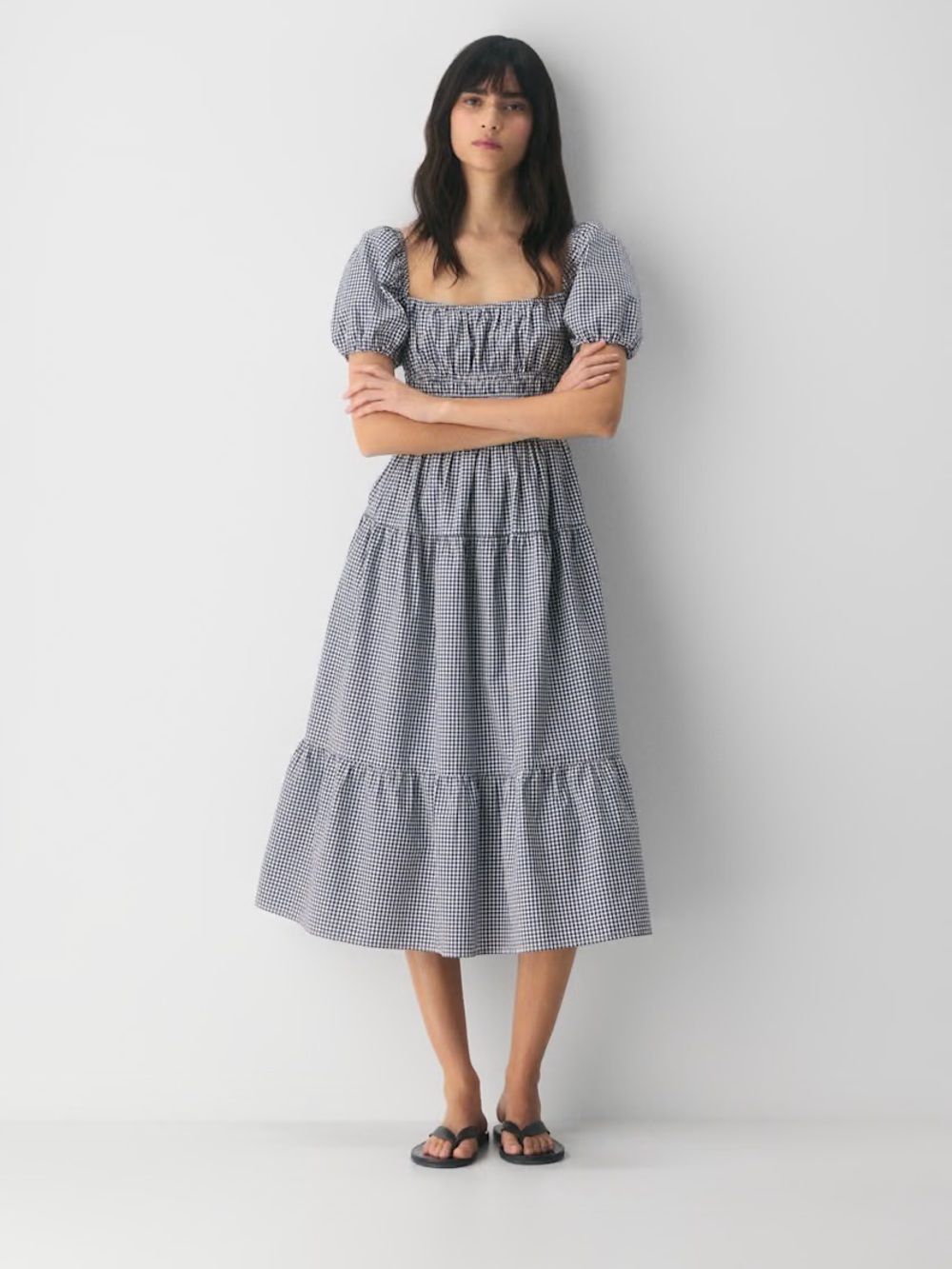 Aritzia Wilfred Navy and White Gingham Midi Dress
